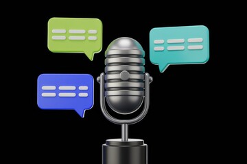 Aufkleber - Retro microphone with colorful speech bubbles, symbolizing podcasting or communication.