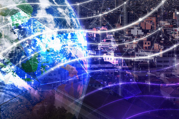 Wall Mural - virtual network covering city, double exposure with globe. connection and communication