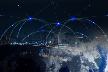 Wall Mural - virtual network covering city, double exposure with globe. connection and communication
