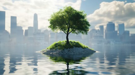 Poster - A single tree thrives on a small island in a calm body of water, with a cityscape blurred in the background.