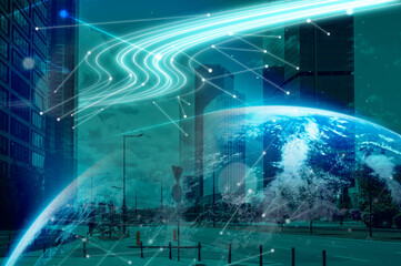 Wall Mural - virtual network covering city, double exposure with globe. connection and communication