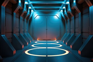 Poster - Futuristic spaceship corridor with glowing cyan and orange lights, leading to a large metal door.