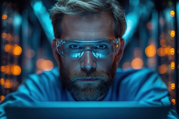 Poster - IT specialist working on a laptop in a dimly lit server room filled with technology