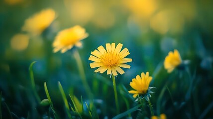Poster - Close-up of vibrant yellow dandelions in a field of green grass, illuminated by warm sunlight.