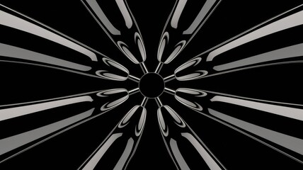 Poster - Abstract black and white radial pattern, resembling a stylized flower or wheel with glossy, reflective surfaces.
