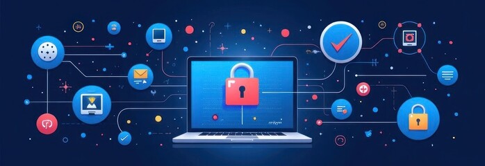 Poster - Laptop showing padlock icon connecting secure network of digital devices