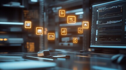 Poster - Deliverables represented luminous icons floating above sleek metallic workspace environment