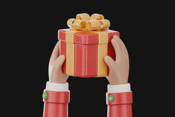 Poster - Cartoon hands offering a red and gold gift box with a bow.