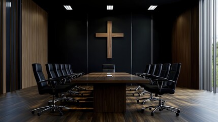 Poster - A large conference room with a wooden table and wooden chairs