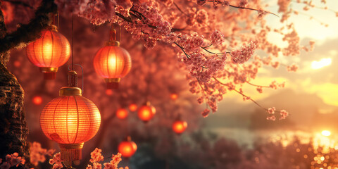 Wall Mural - Lanterns glowing cherry blossom canopy golden wave textured background
