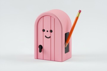 Aufkleber - A cute pink door-shaped pencil sharpener with a happy face and an orange pencil inserted.