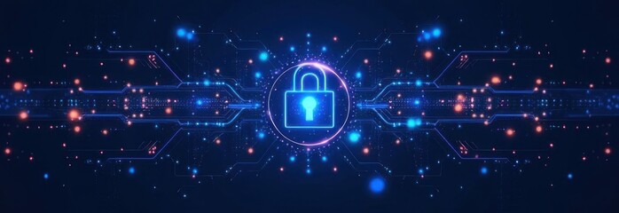 Poster - Cybersecurity and data protection with padlock protecting digital information