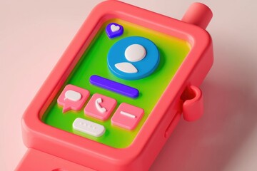 Fototapete - A 3D-rendered pink phone displaying a user profile, call, message, and heart icons.