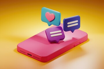 Leinwandbilder - Colorful 3D notification icons, including heart and messages, hover over a pink smartphone on a yellow background.