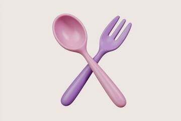 Aufkleber - Pink and purple spoon and fork crossed, representing a meal or dining.