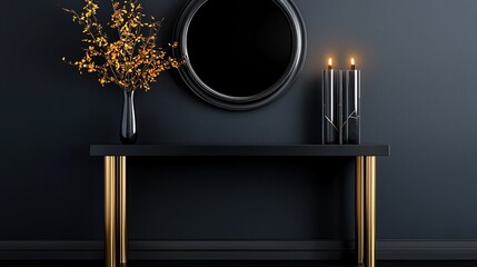 Poster - A black and gold table with a mirror and candles on it