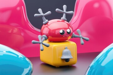 Fototapete - A cute, 3D-rendered robot with propellers sits atop a yellow box, displaying a cheerful expression.