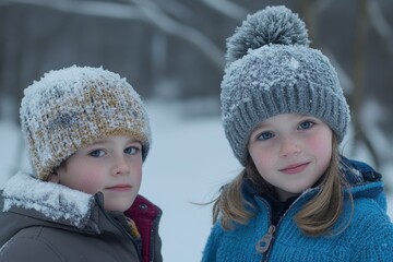 Two children dressed warmly in winter outfits stand together in a snowy landscape, their hats covered in frost, radiating joy and excitement amid the winter scenery