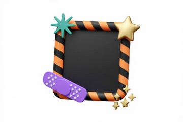 Poster - A 3D rendered black frame with orange stripes, decorated with stars, a bandage, and a teal starburst.
