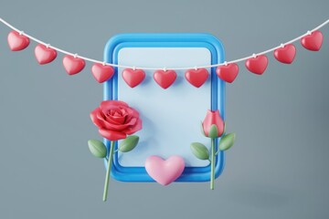 Poster - Romantic 3D render with blue frame, roses, hearts, and a string of hearts.