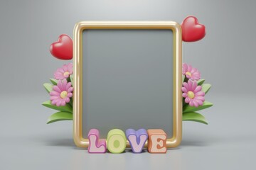 Poster - A golden frame decorated with hearts, flowers, and the word 'LOVE' signifying Valentine's Day or romantic love.
