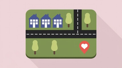 Poster - A simple map showing three houses, a road, trees, and a heart indicating a location.