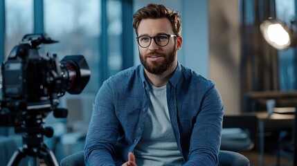 Poster - A man wearing glasses sits in front of a camera