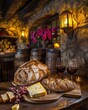 © BerkahStock - Cozy indoor scene with bread, cheese, wine, and rustic decor.