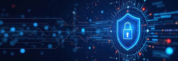 Poster - Cybersecurity shield protecting digital information in futuristic interface