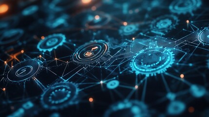 Poster - Interconnected Gears and Technology Background with Blue Lines