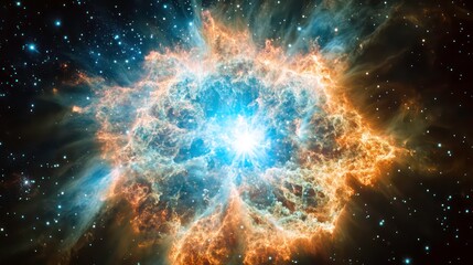 Poster - A vibrant nebula explodes with bright blue and orange hues, surrounded by a dark, starlit space.