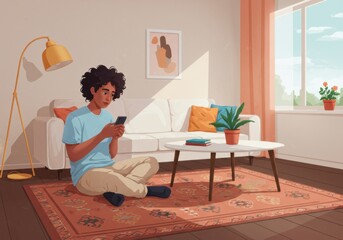 Wall Mural - Cozy living room with young adult using smartphone, modern decor, and natural light