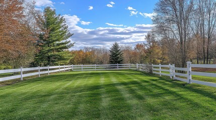Poster - Lush green lawn enclosed by a white fence under a vibrant autumn sky.