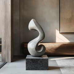 Poster - A contemporary minimalist sculpture is prominently displayed in a stylish interior, emphasizing its unique design and artistic form