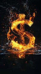Aufkleber - Dollar sign made of burning us dollar bills partially submerged in dark water with reflection and splashing water droplets against a black background