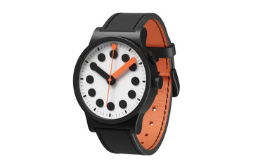 Poster - A stylish black wristwatch with an orange leather strap and a minimalist white face featuring black dots as hour markers. background removed