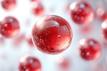 Poster - Colorful sphere drops filled with liquid and bubbles float in a bright setting, creating a striking visual display of red hues