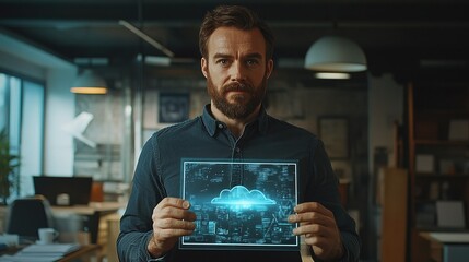 Poster - Handsome Entrepreneur Holding Hologram Display in Modern Office