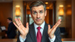 © Monica - Undecided confused hotel concierge with suit and tie shrugging on camera, showing uncertainty with i dont know gesture. Clueless hotelier staff acting unsure and puzzled, confusion.