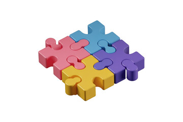 Poster - Four colorful 3D puzzle pieces interlock, symbolizing connection and teamwork. background removed