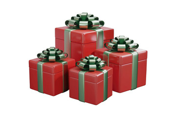 Poster - Four red gift boxes with green ribbons, stacked, isolated on transparent background. background removed