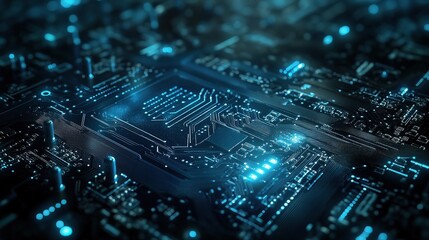 Poster - Blue Circuit Board with Electronic Lines Illuminating Technology