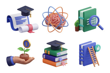 Poster - 3D render of education and knowledge concepts, including graduation cap, books, brain, and growth. background removed