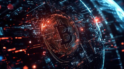 Poster - Digital Globe with Bitcoin Symbol and Global Connectivity Lines