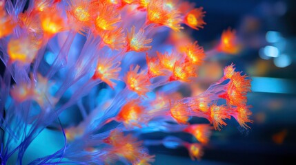 Poster - Close-up of vibrant orange artificial flowers illuminated with blue light, creating a surreal and artistic effect.