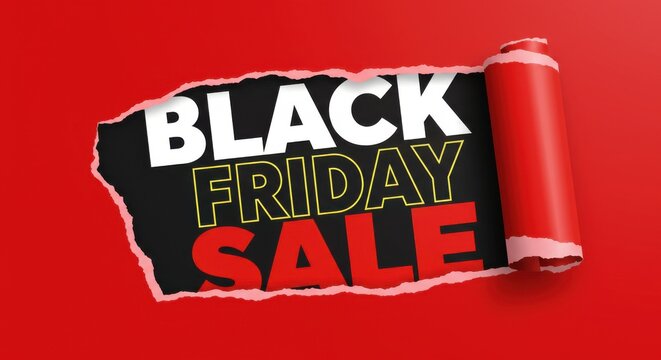The text BLACK FRIDAY SALE in a bold font on a solid vibrant red color background which creates a strong contrast with the black text is prominently displayed torn paper effect