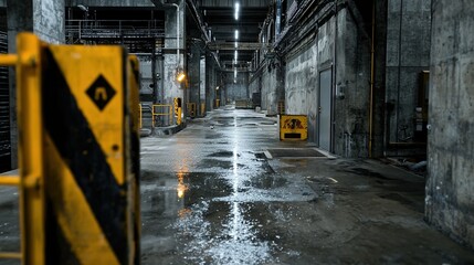 Poster - A dark, wet, and empty hallway with a yellow and black sign