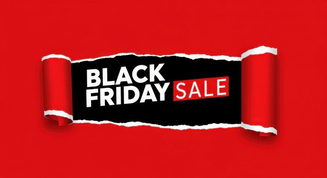 The text BLACK FRIDAY SALE in a bold font on a solid vibrant red color background which creates a strong contrast with the black text is prominently displayed torn paper effect