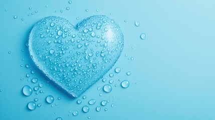 Poster - Water droplets on a glass heart shape against a light blue background.