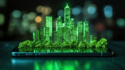 Poster - Green city model on a smartphone, representing sustainable urban development and technology.